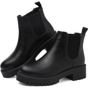 Girls Black Pull-On Fall Chelsea Boots Water-Resistant PU Ankle Heel Boots